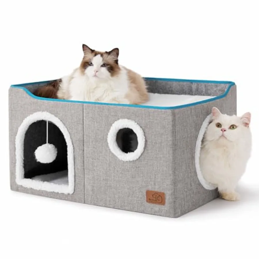 

Large Cat Beds for Indoor Cats - Extra Wide Cat Cube House for Small Pet with Fluffy Ball Hanging and Scratch Pad Foldable Pet