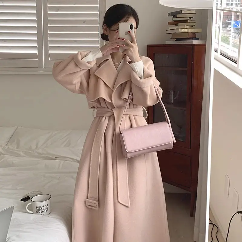 

Korean Autumn/Winter Elegant Style Woolen Windbreaker Jacket Suit Collar Tie Up Waist Slim Long Coat Women Outerwear Z3040