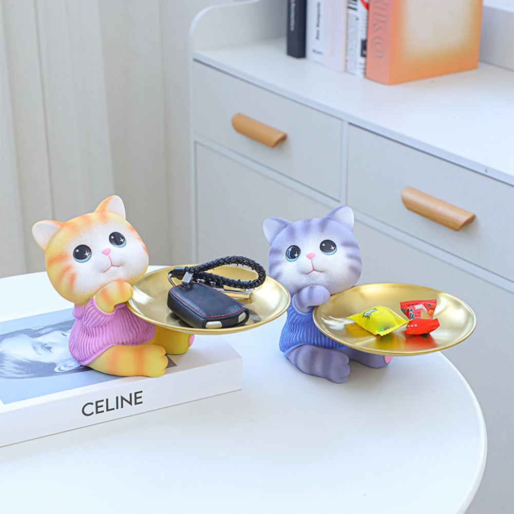 Cute Rabbit/Cat Storage Tray Multifunctional Rabbit Figurines Key Tray Resin Bunny Sculpture Candy Dish Home Office Desk Decor