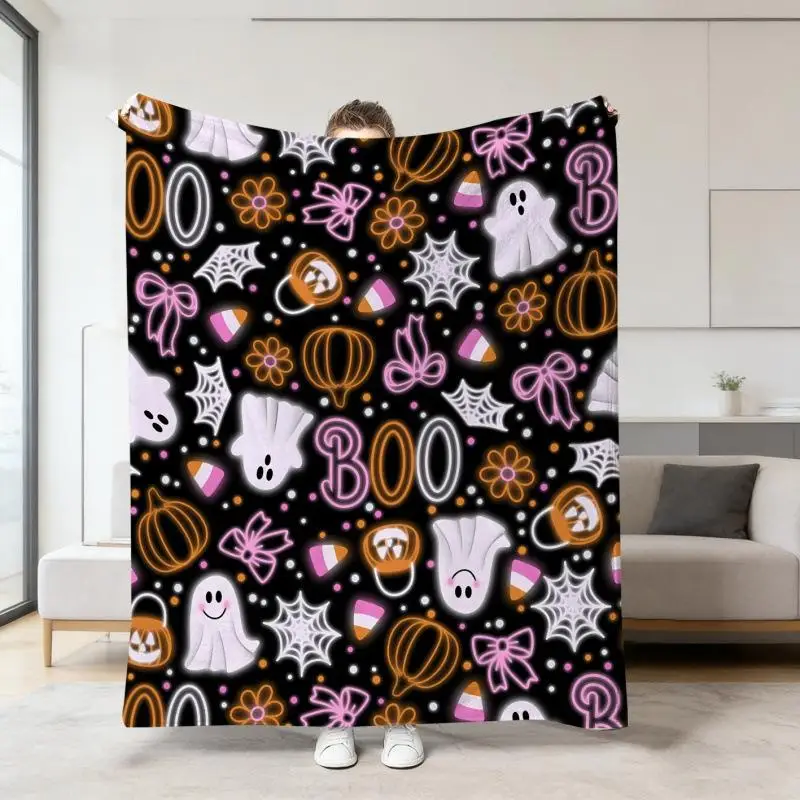 Halloween Warme Weiche Decke mit Geister-, Kürbis- und Totenkopf-Druck, Flanell-Schlafdecken, Multifunktionale Dekorative Decken – Detail 18