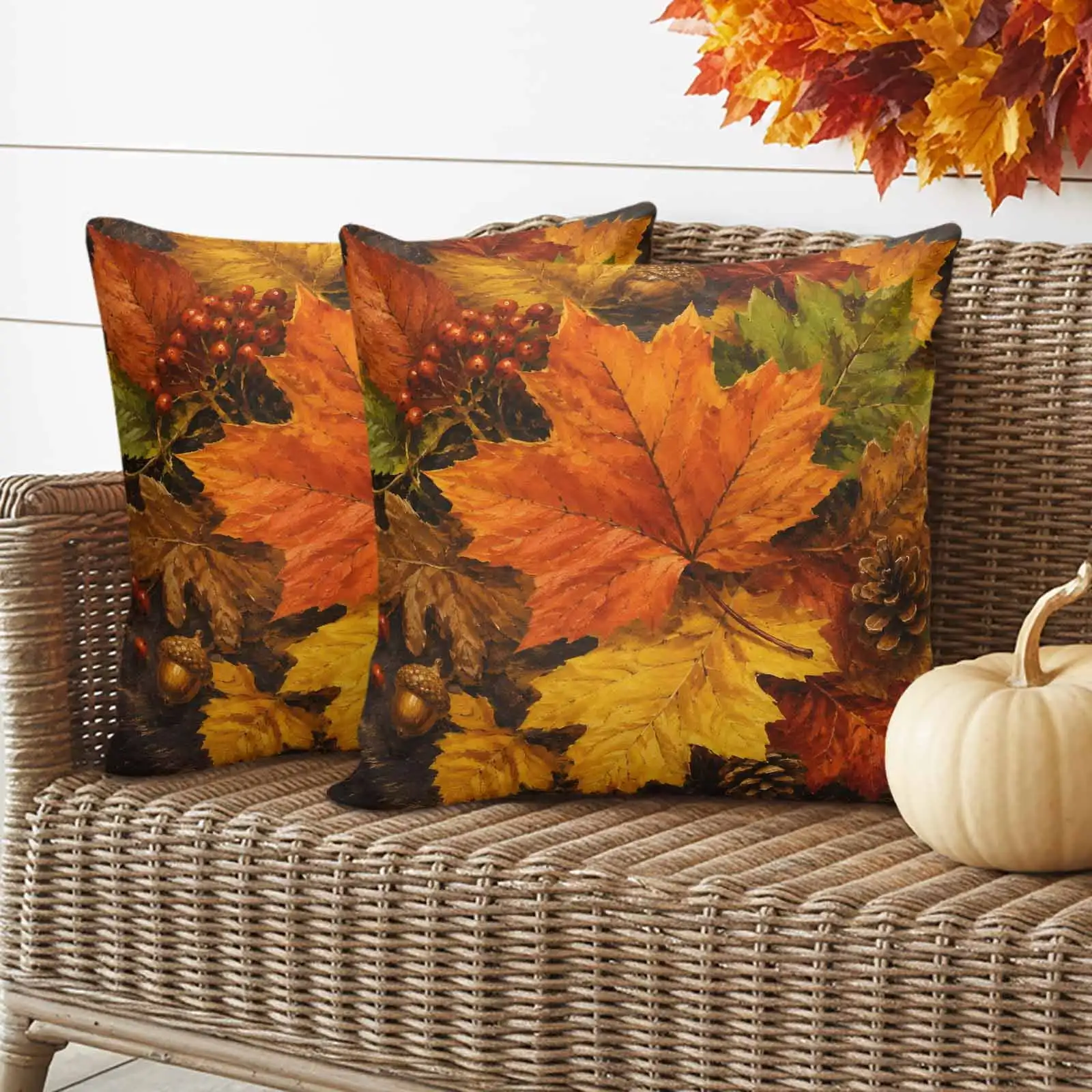 Waterproof Pillow Covers Set of 2,Autumn Thanksgiving Maple Leaves Outdoor Pillow Protectors with Zipper Pillowcases