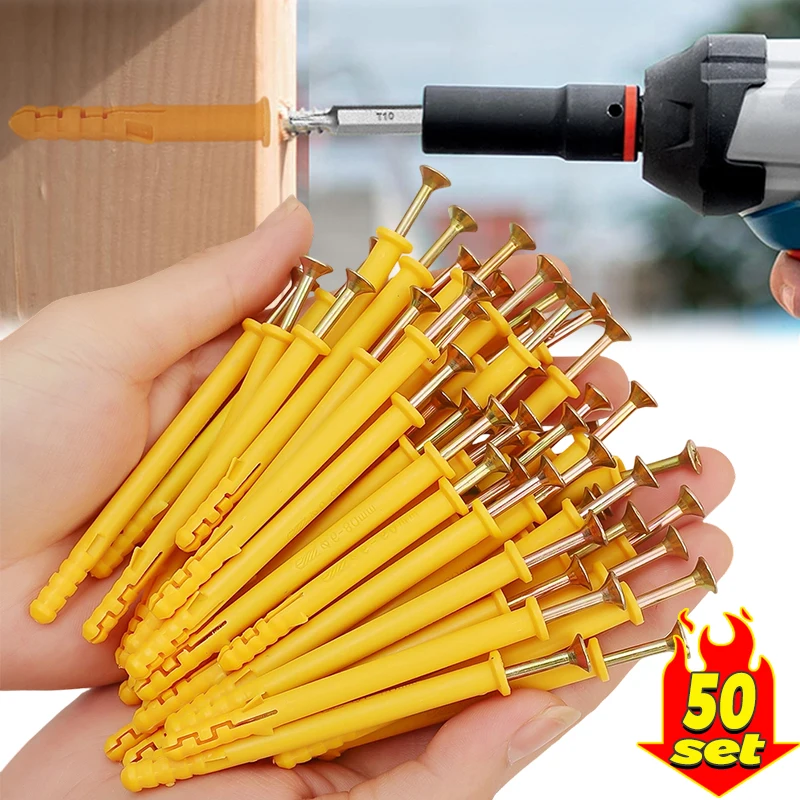 

50 шт. пластиковый расширительный винт, небольшой желтый нейлоновый расширительный болт с крокером, расширительная пробка, расширительная трубка с набором анкерных болтов для гвоздей