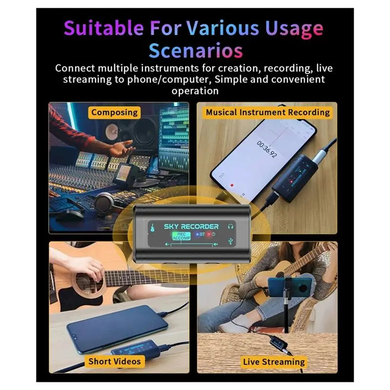A64T for SKY RECORDER Sound Card USB Conversion Interface Plug and Play Use for Guitar for Bass Ukulele Guitalele Mini Audio