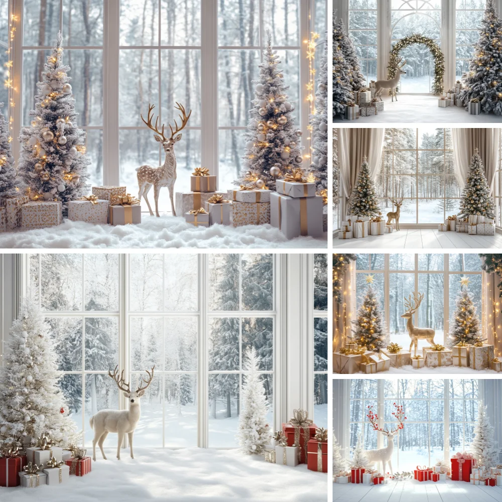 

Winter Christmas Decoration Interior Backdrop European Style Window Snow Forest Christmas Tree Backgrounds for Photographs