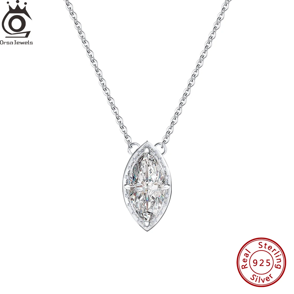 

ORSA JEWELS 025 Sterling Silver 8A Clear Cubic Zirconia Olive Shaped Pendant Necklace Rhodium Plated Shiny CZ Choker Chain LZN02