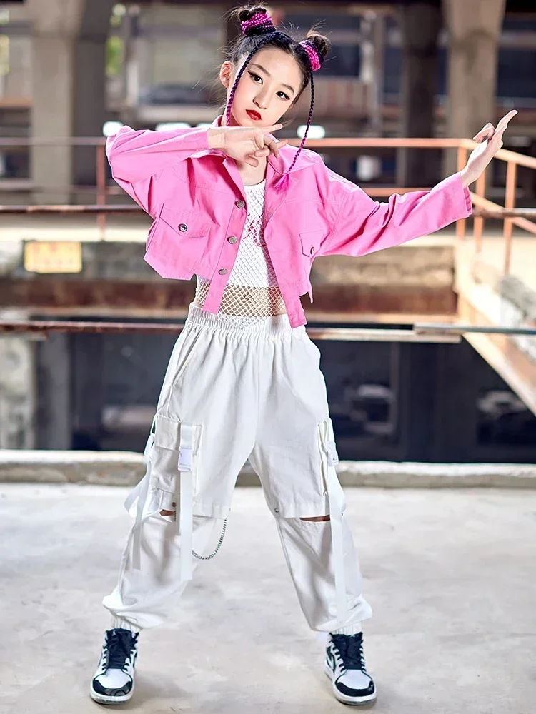 Girls Hip Hop Clothing Pink Long Sleeved Coat White Vest Pants Modern Dance Performance Stage Wear Jazz Dance Costume