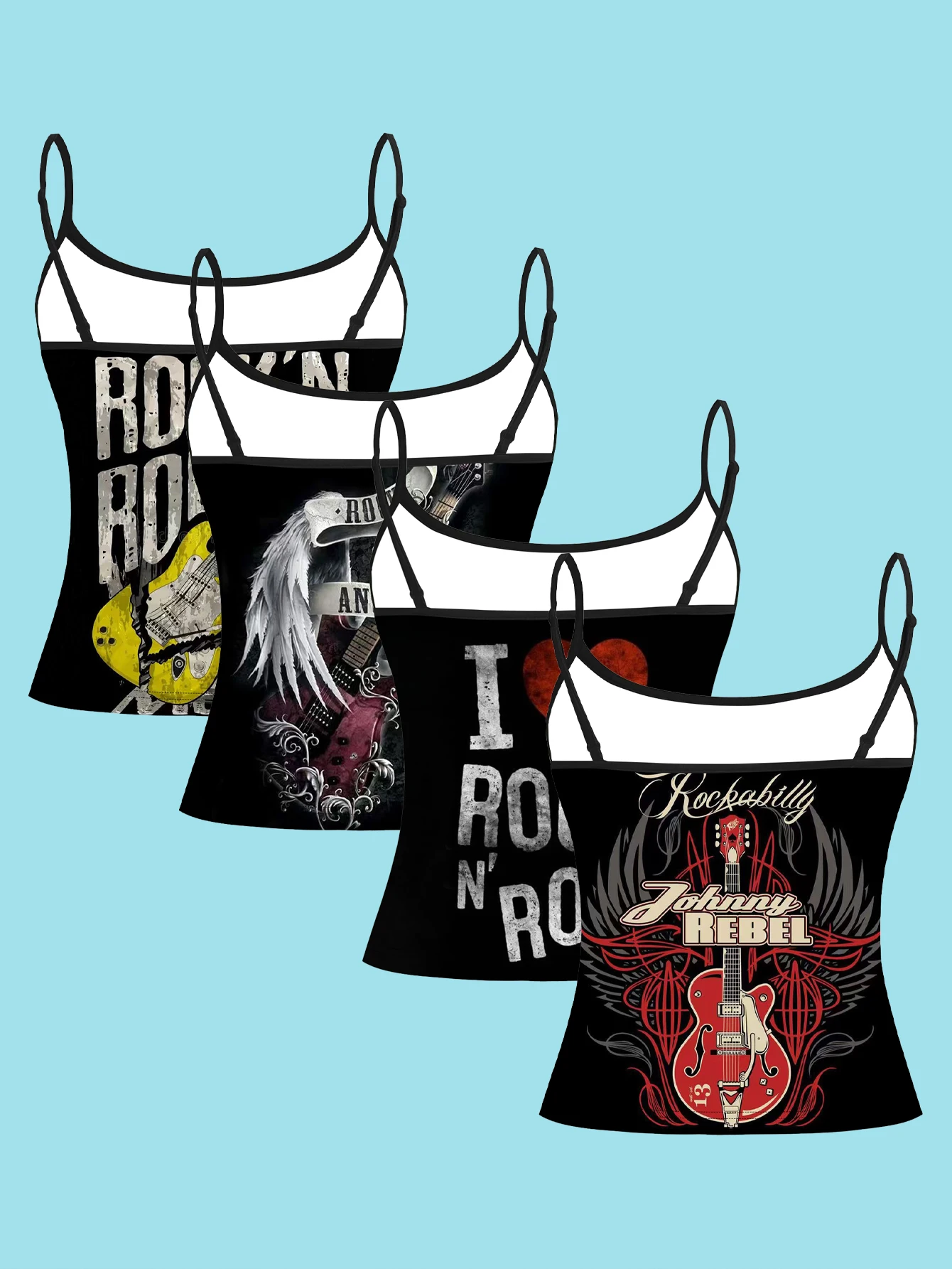 4-Piece Set of Rock Guitar Vintage English Print Camisoles, Rockabilly Distressed Electric Guitar Wing Lettering Women's Slim-Fit Spaghetti Strap Sleeveless Tops for Outerwear or Layering