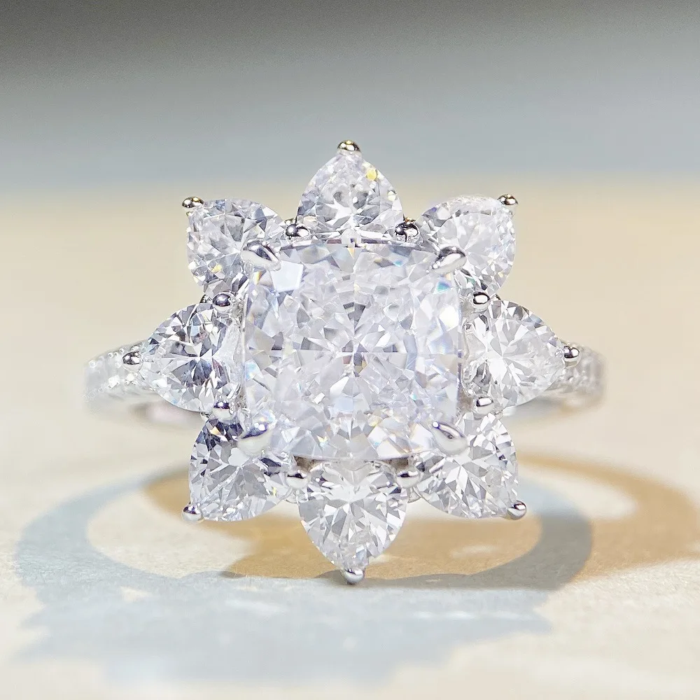

S925 Pure Silver Ring, Women's High Carbon Diamond Silver Ring, Sunflower Flower HW Diamond Ring, Ring