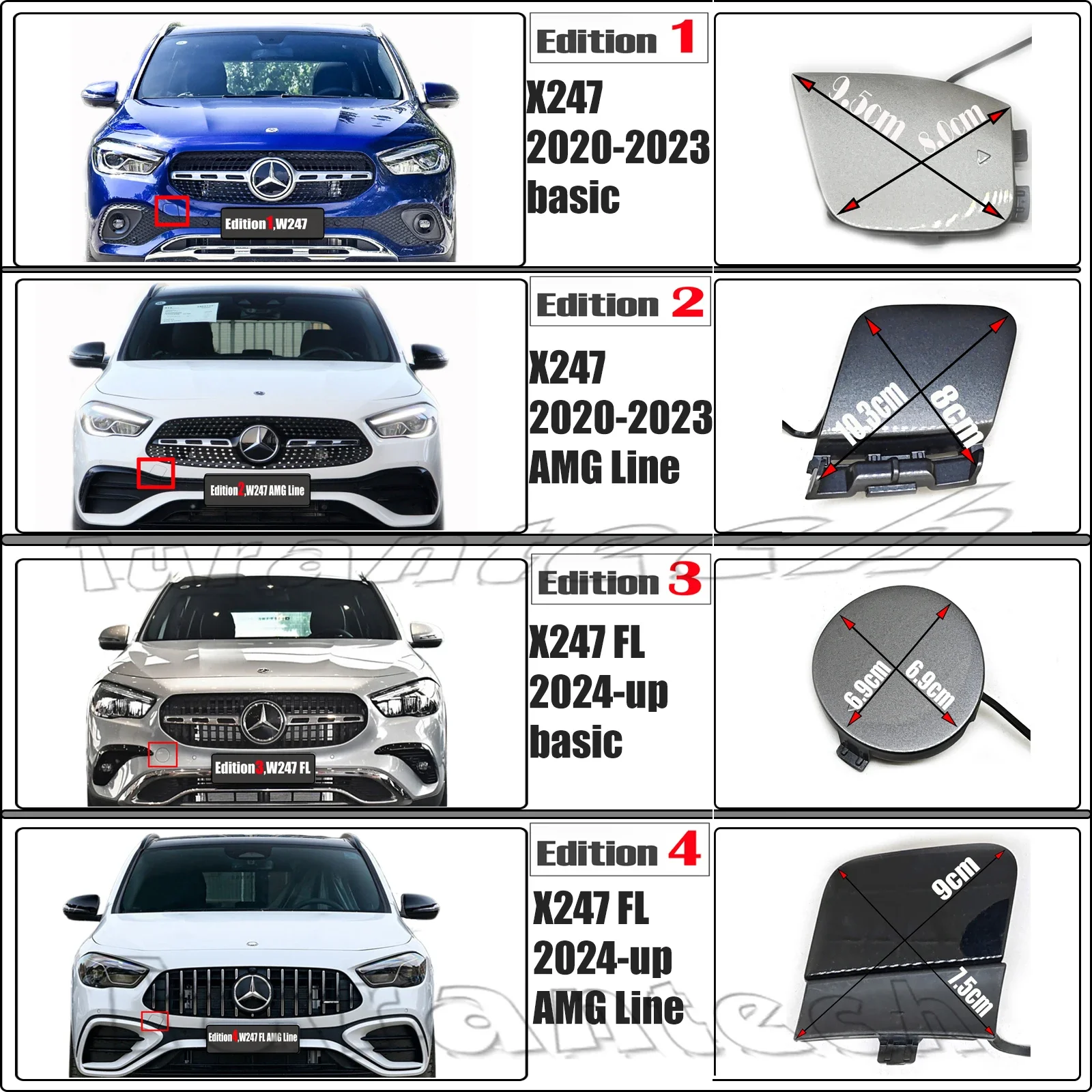 

Front Tow Cover for 20-26 Mercedes-Benz GLA SUV W247 X247 GLA180 GLA200 GLA220 GLA250 GLA35 GLA45 bumper Towing Hook Eey Cap