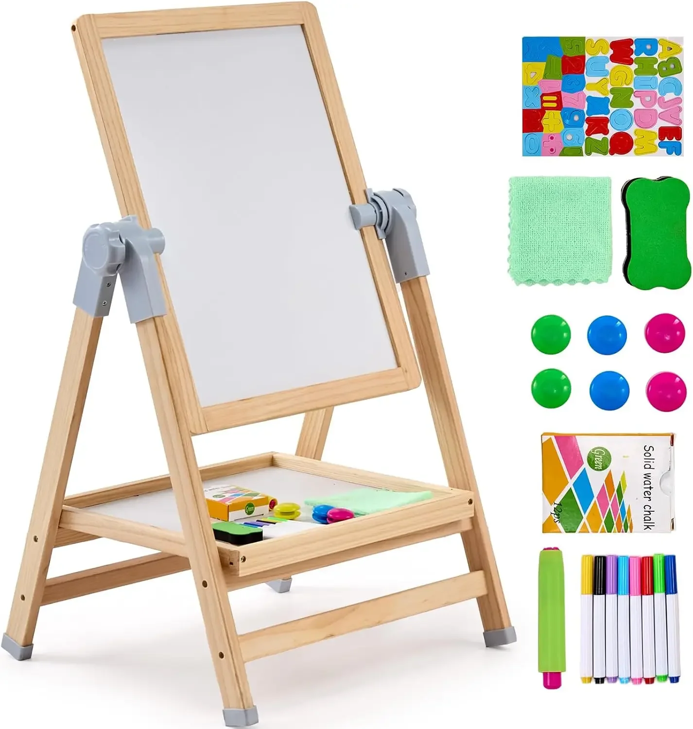 

Art Easel for Kids, 2-in-1 Wooden Double-Sided Kid's Art Easel with Magnetic Whiteboard & Chalkboard, Adjustable Standing