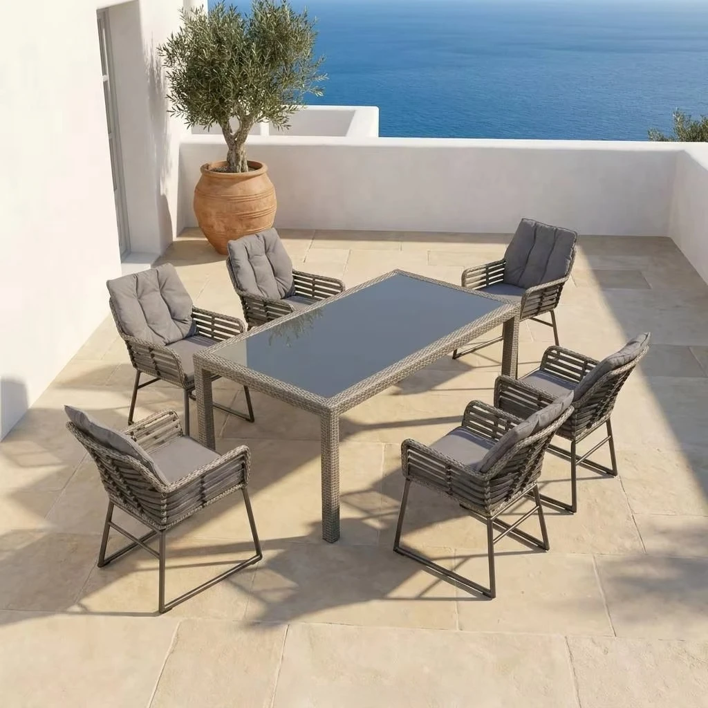 da- Celje Contemporary Farmhouse/Villa Dining Chair and Table Rattan Wicker Furniture Set for Outdoor Patio Use 7pcs