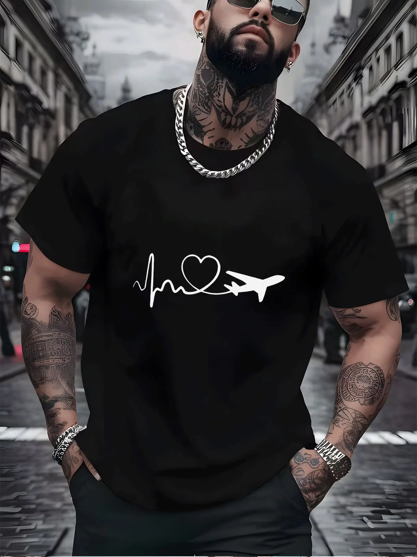 Red Mens Summer Tee ECG Heart Plane Print Short Sleeve Street Top For Travel Pilot Lover Male Soft Daily Casual Fashion Wear