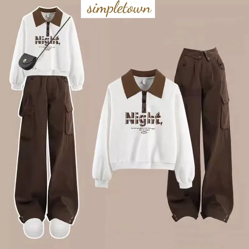 Lente En Herfst Set Dames Koreaanse Losse College Stijl Polo Kraag Top Werkkleding Wijde Pijpen Tweedelige Set