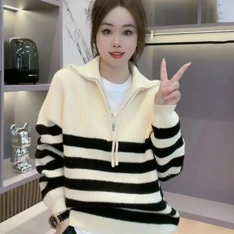 Korean striped half zipper long sleeved knitted sweater autumn and winter loose lazy style top pullover retro sweater for women