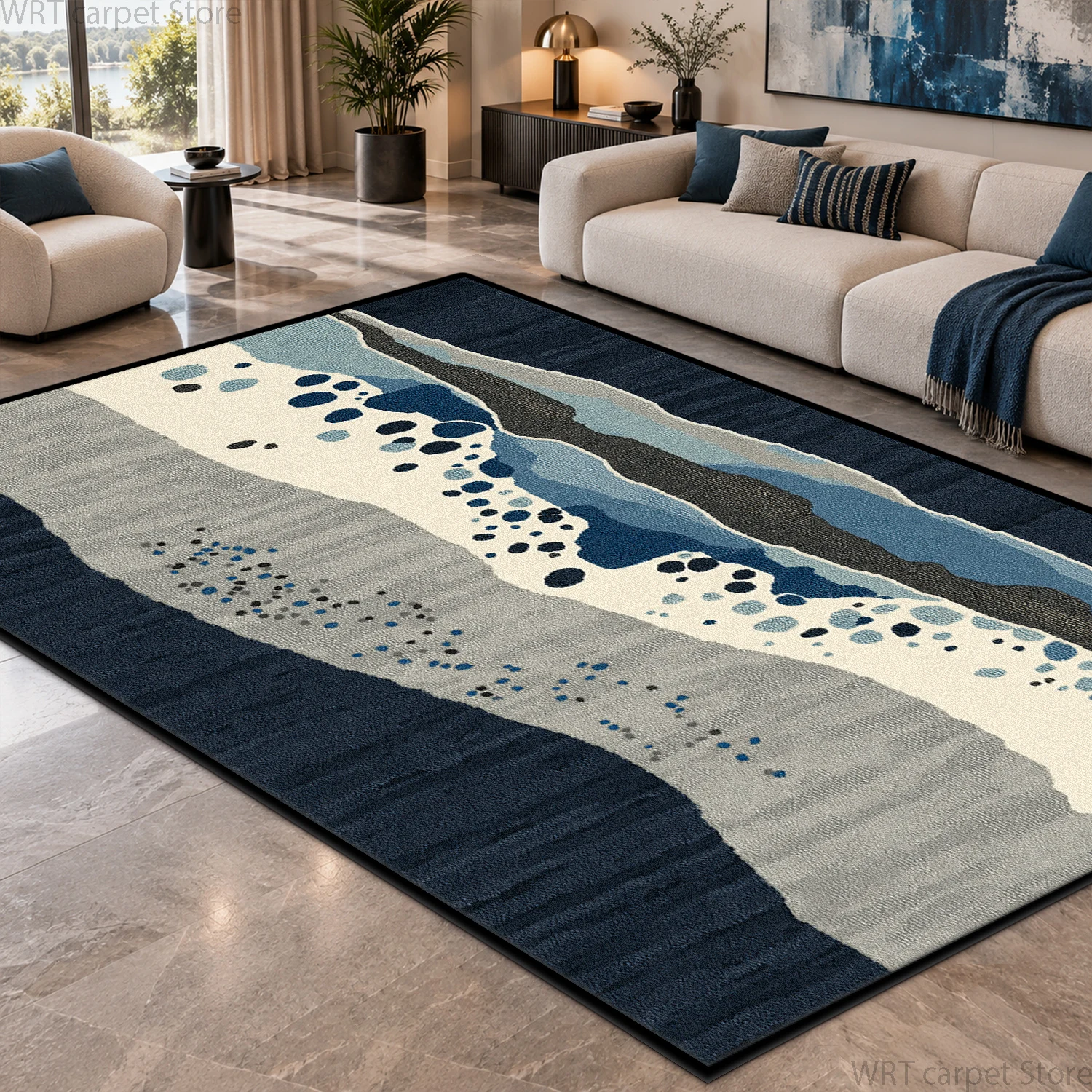 Modern Abstract Blue White Ripple Water Living Room Rug Non-slip Machine Washable Bedroom Big Size Carpet Soft Durable Floor Mat