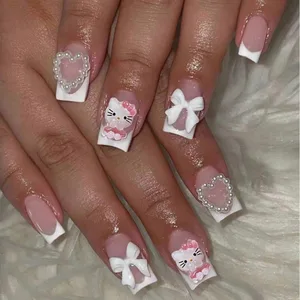 24 pièces de vignettes carrées courtes en faux ongles avec nœud perlé 3D Kawaii pressé sur Hello Kitty Ongles faux à pointes françaises à couverture intégrale en acrylique mignons 8 meilleures ventes de faux ongles Hello Kitty - No 4