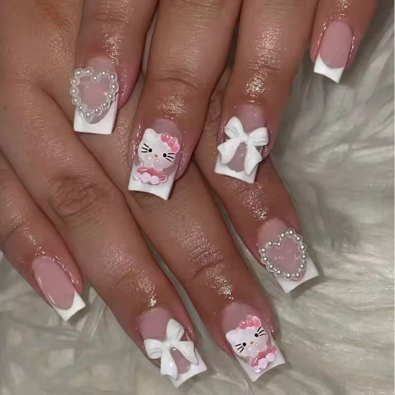 24pc Short Square Fake Nails with Kawaii 3D Pearl Bow Press on Hello Kitty False Nail French Tips Full Cover Acrylic Cute Nails - AliExpress 