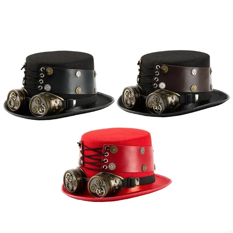 

L5YA Steampunk Headpiece Tall Hat with Goggles and Adjustable PU Strap Roleplay Stage Show Magicians Top Hat for Festival