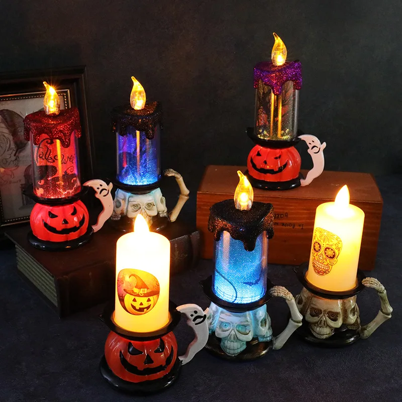 

New Fun Skeleton Pumpkin Candle Lights Halloween Decoration Props LED Lighted Candles Holiday Atmosphere Decorations Small Gift