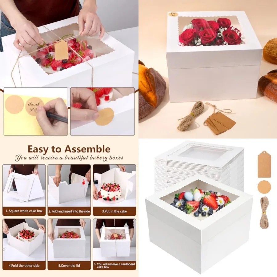 

Pcs Cake Boxes, White Bakery Boxes with Window Cake Containers large Cake box for Birthday Party, Weddg, Tall Dessert Cardboard