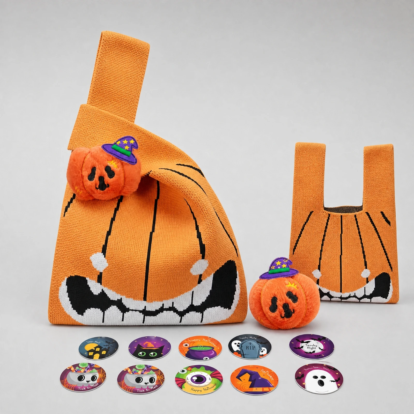 Halloween Pumpkin Treat Bag Decorative Soft Pumpkin Treat Bag with Stickers Smiling Face Print Long-Lasting for Children
