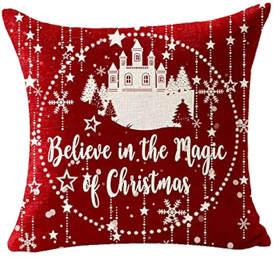 Funda de almohada de lino para sofá y sala de estar, cojín de Feliz Navidad, copo de nieve, bola roja, coche con árbol, ciervo