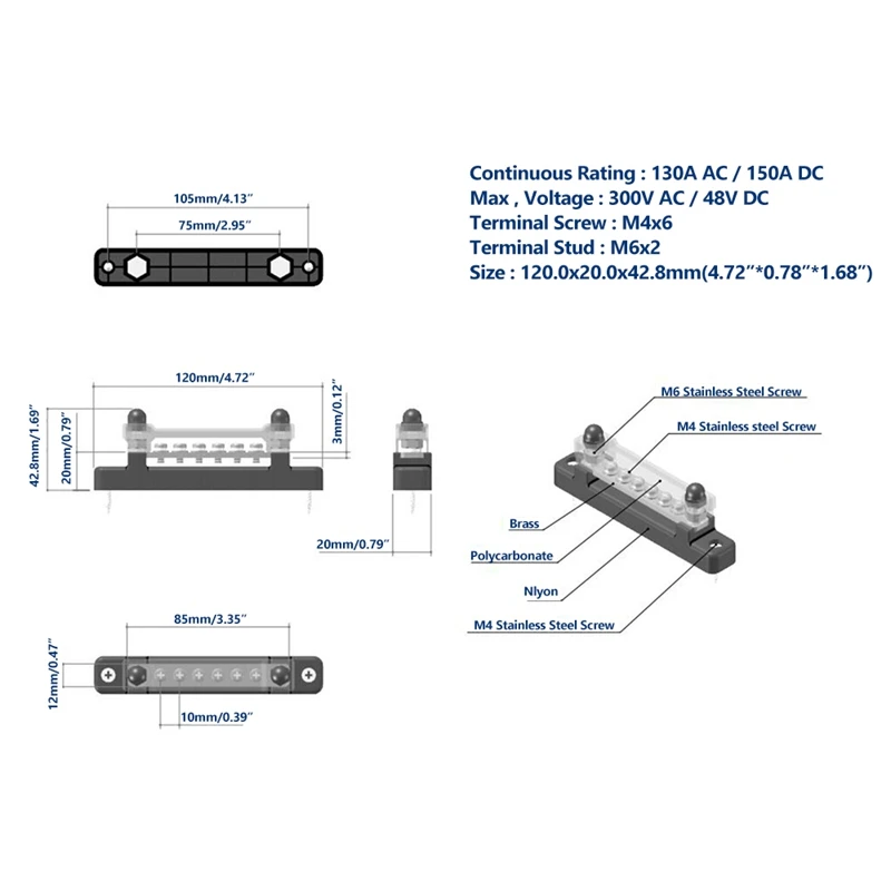 150A High Current Single Row Busbar With Transparent Cover 6-Way Busbar Suitable For Car, Yacht, RV, Caravan, Pickup