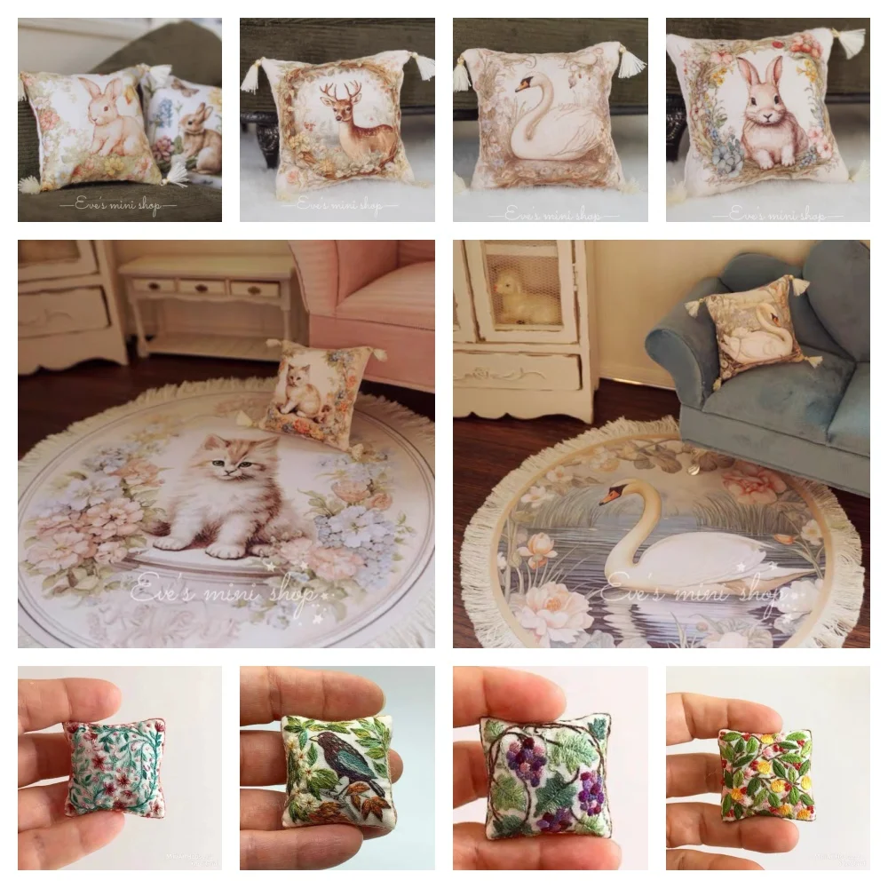 Doll House Miniature Furniture Accessories 1/6 Rabbit Swan Cat Rug Throw Pillow 1/12 Vintage Embroidery Hand Made Throw Pillow