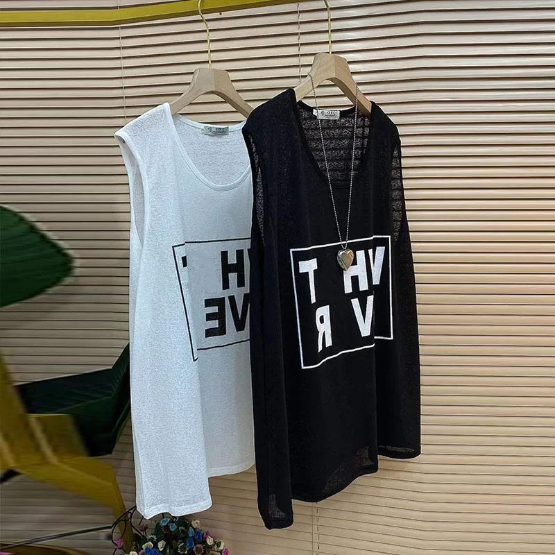 

Sexy See-through Oversized Vest Top Women's Summer Sleeveless T-shirt Mid-length Loose Strap Design Sweet Style Casual Wear