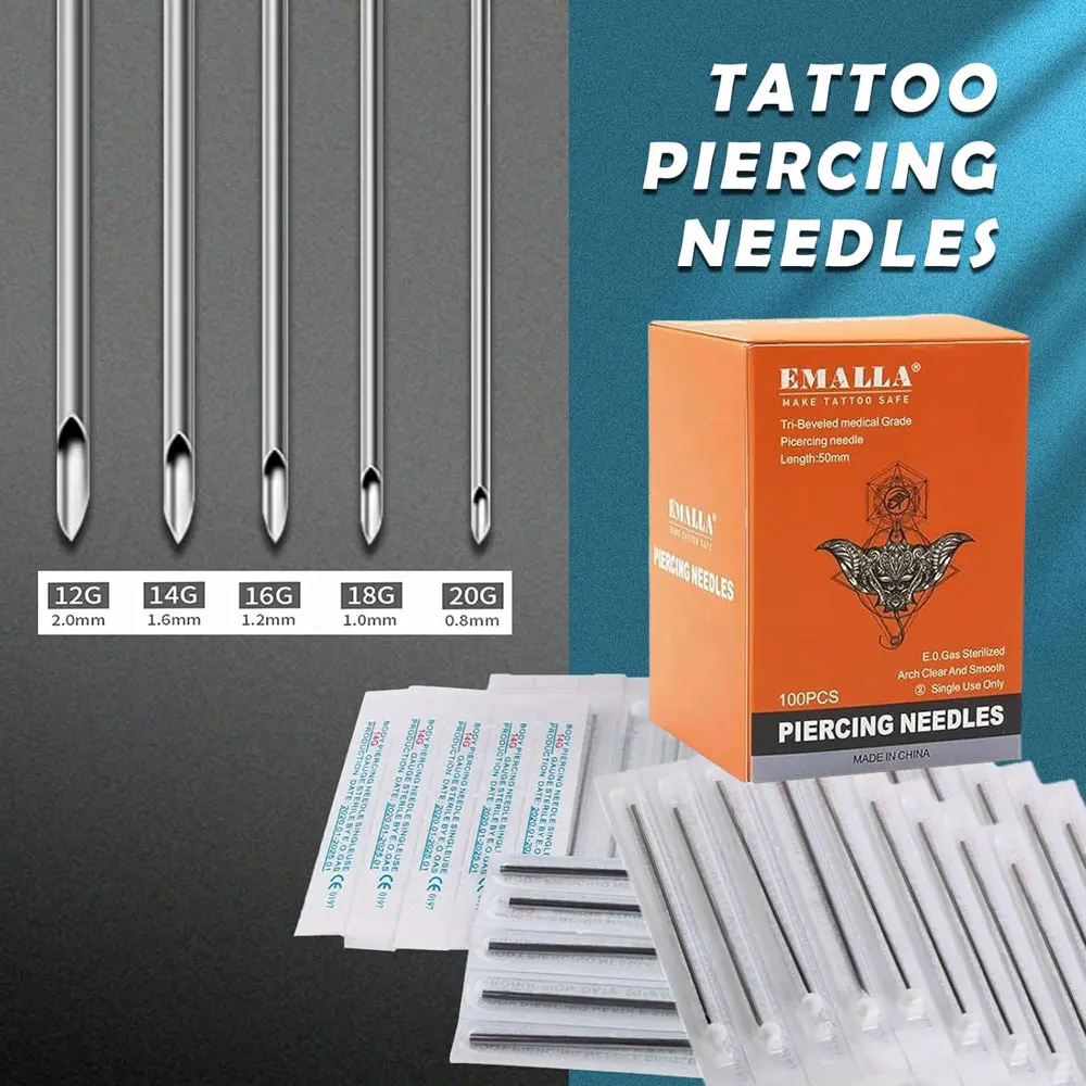 300/200/100/5pcs Tattoo Piercing Needles Disposable Sterile Body Piercing Needles Mixed Hollow Needles for Piercing Kit Supply