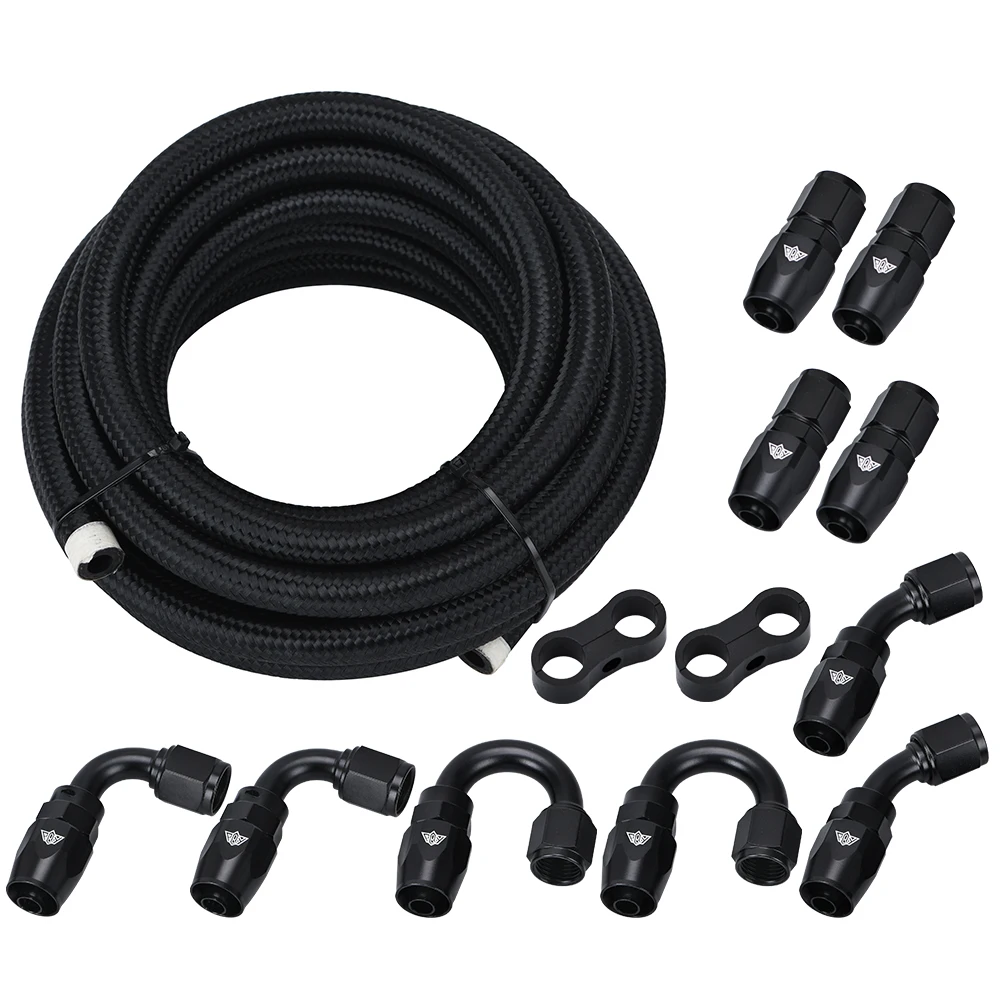 6AN AN6 Oil Fuel Fittings Hose End 0+45+90+180 Degree Oil Adaptor Kit AN6 Braided Oil Fuel Hose Line 5M Black With Clamps