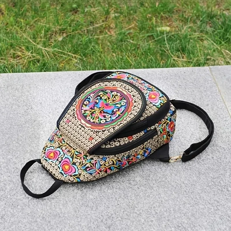 Handmade Embroidered Design Canvas Backpack Women Small Ethnic Rucksack Knapsack Female Travel Multifunction Shoulder Chest Bag