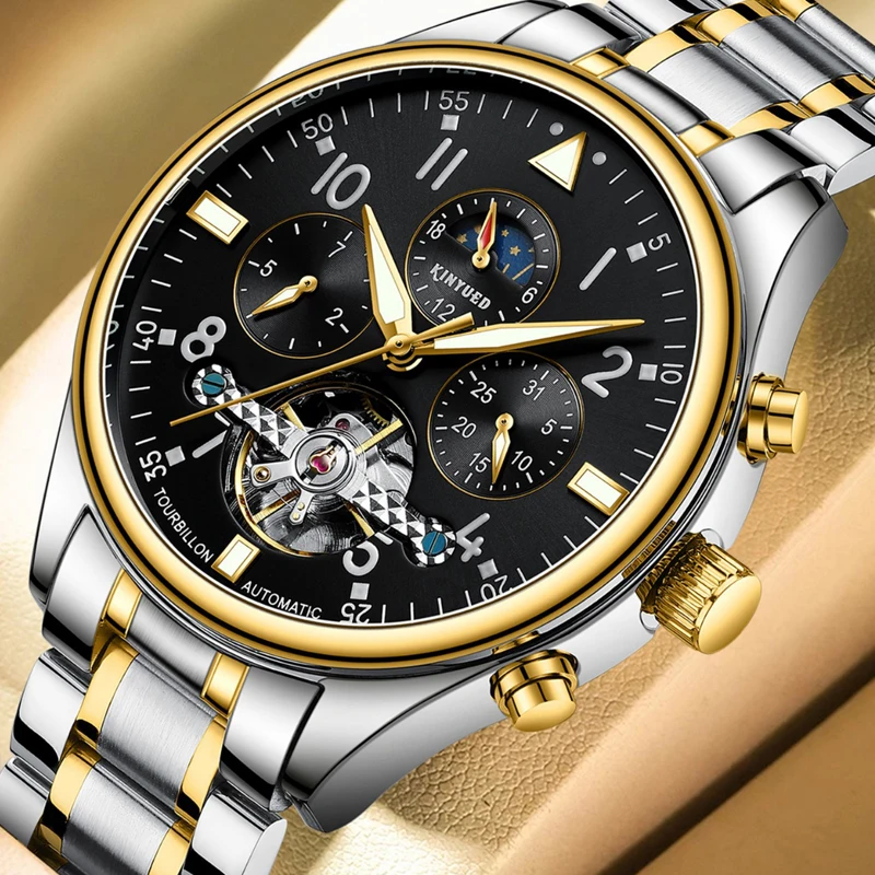 KINYUED Men's Watches Automatic Tourbillon Wristwatch Waterproof Stainless Steel Strap Calendar Business Mechanical Watch Men