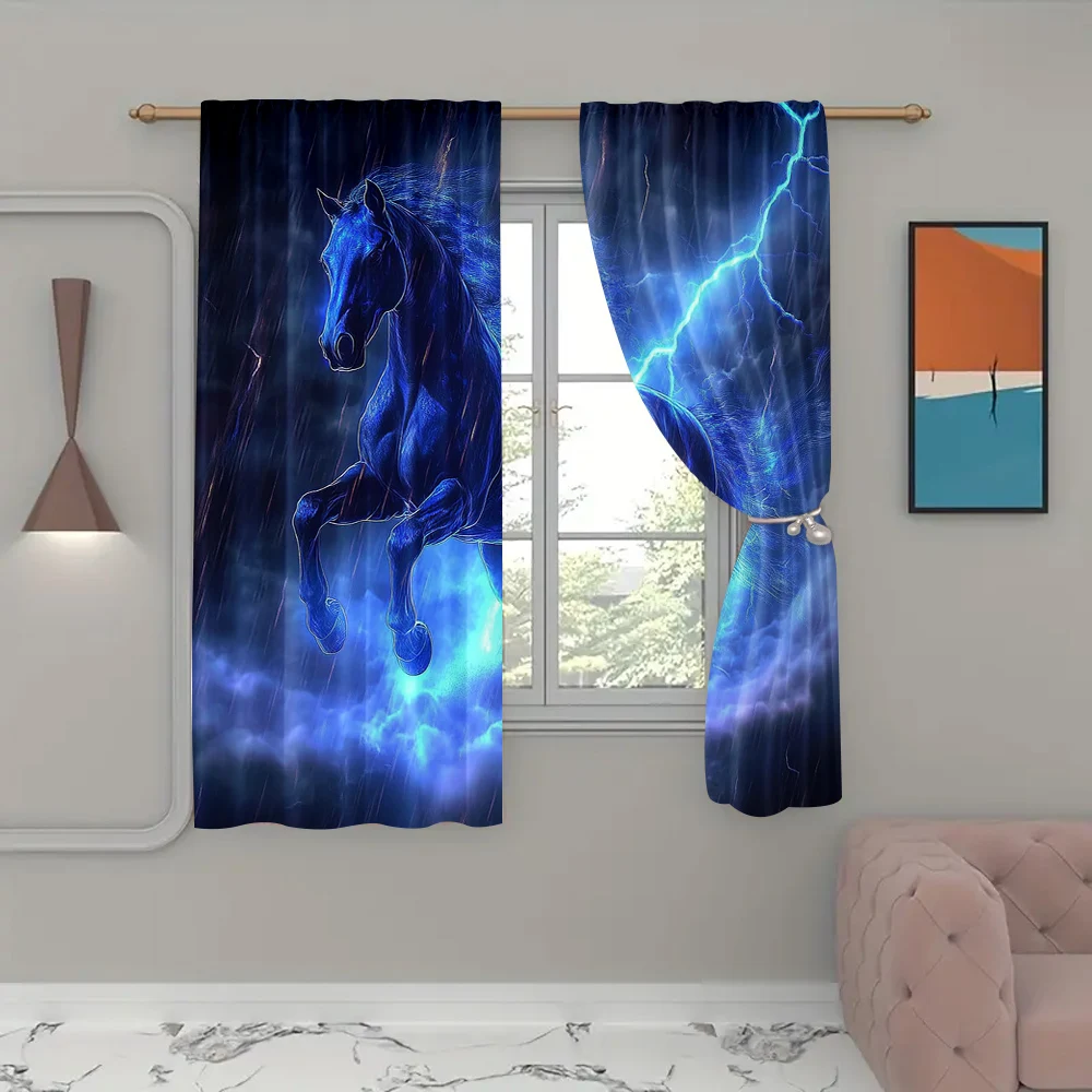 2Pcs Lightning Curtains For Bedroom Galloping Horse Draperies For Living Room Black Horse Window Treatment Curtains_ai10