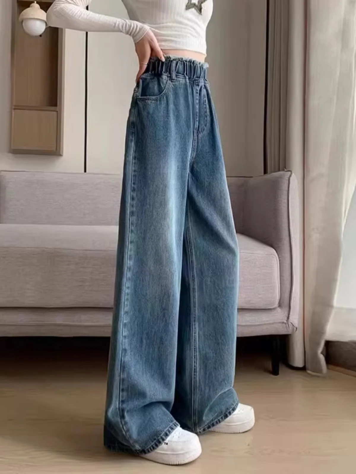 

plus Size Women's Jeans Loose Straight Leg High Waist Wide Leg Pants Slimming Effect Autumn New Sle Deep Blue Denim Trousers