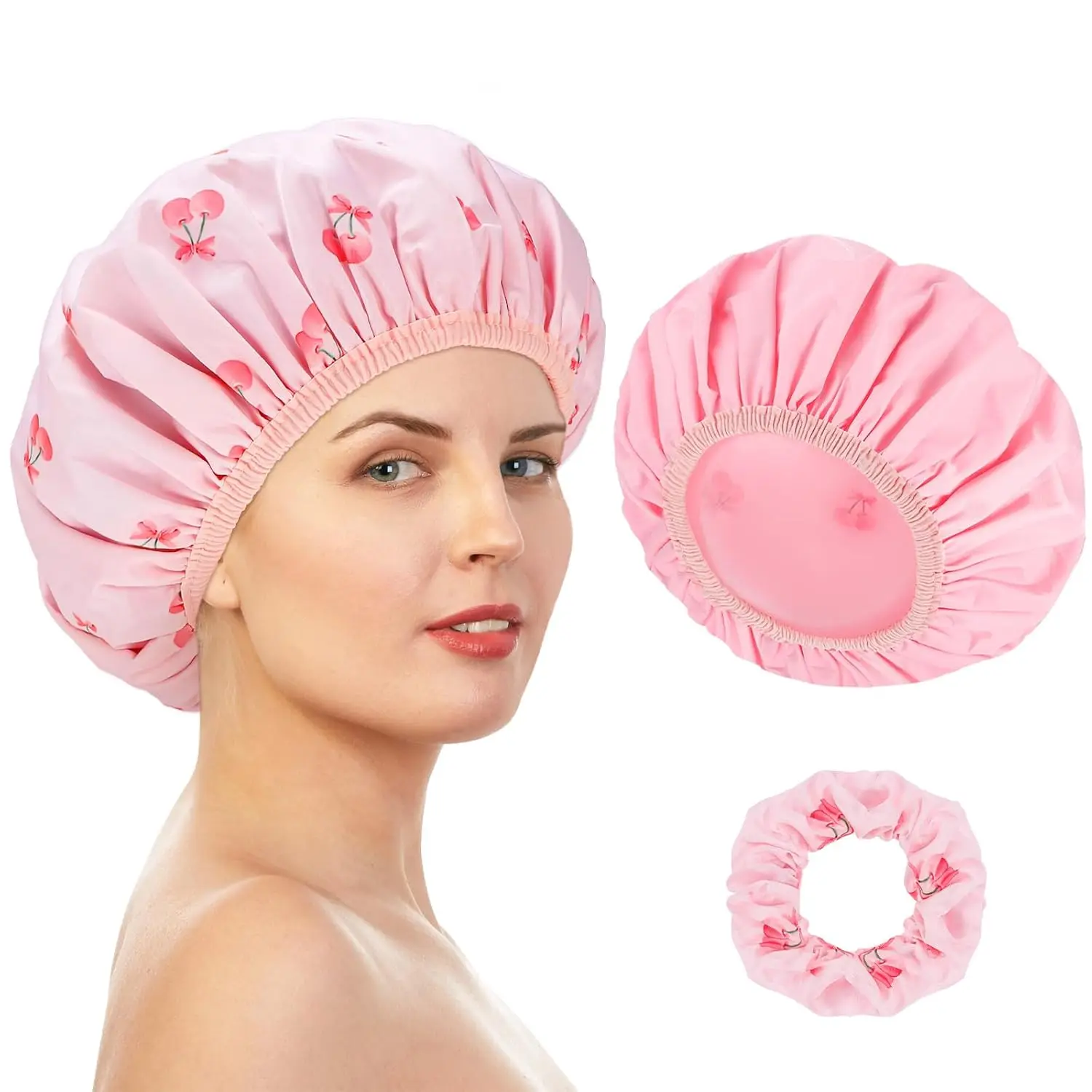 

Double-Sided Shower Cap for Women, 2 in 1 Reusable Waterproof Cherry Print Bath Cap for Women Girls Long Thick Hair