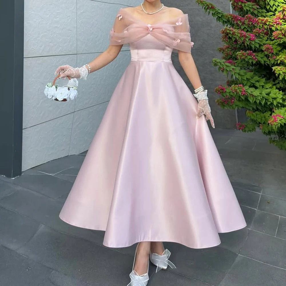 

Customized A-line Evening Dresses Ankle-length Off The Shoulder Sleeveless Prom Gown Fashion Flowers Simple Draped Party Gown