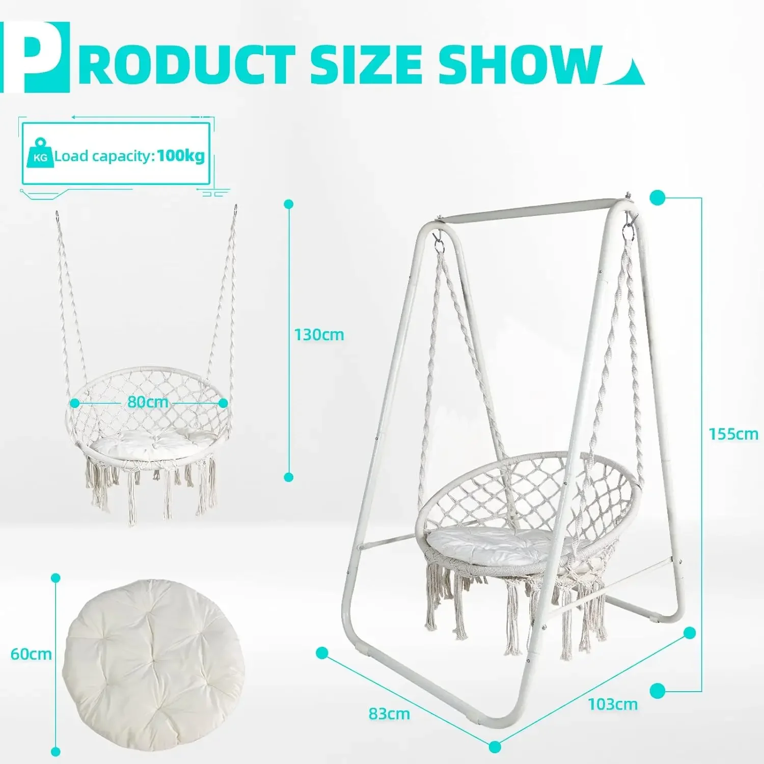 

Soporte Columpio Interior Silla Hamaca Colgante con Conjines, Carga Máxima 100 kg, para Interior y Exterior Beige