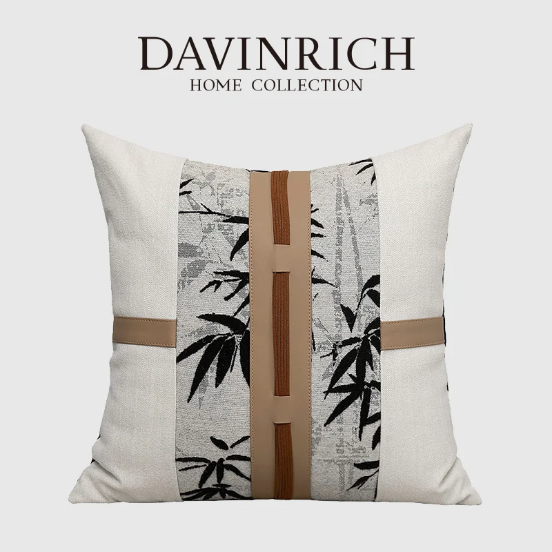 DAVINRICH Chinoiserie Patchwork Cushion Cover Silhouette Of Bamboo Tree Leaves Pattern Jacquard Pillowcase Artistic Modern Feel