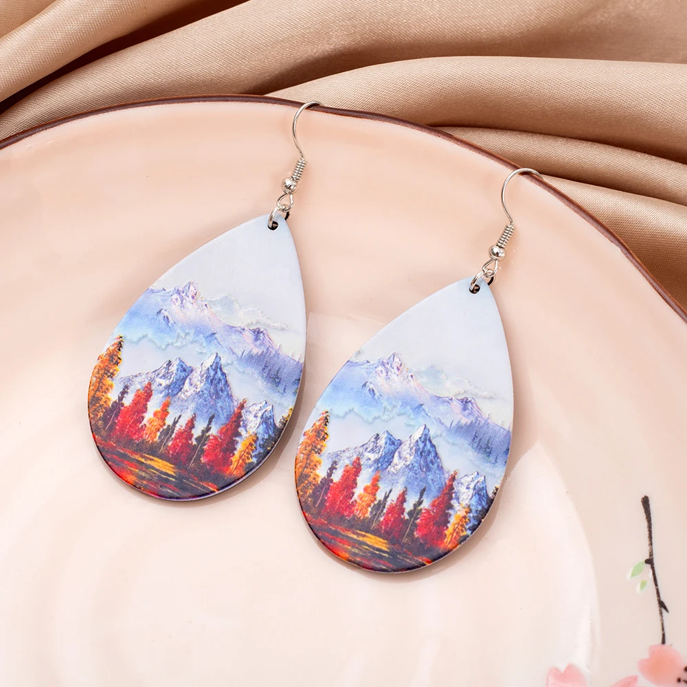 Fashion Snow Mountain Forest Landscape Relievo Printing Vintage Acrylic Water Drop Earrings For Women Leisure Vacation Jewelry