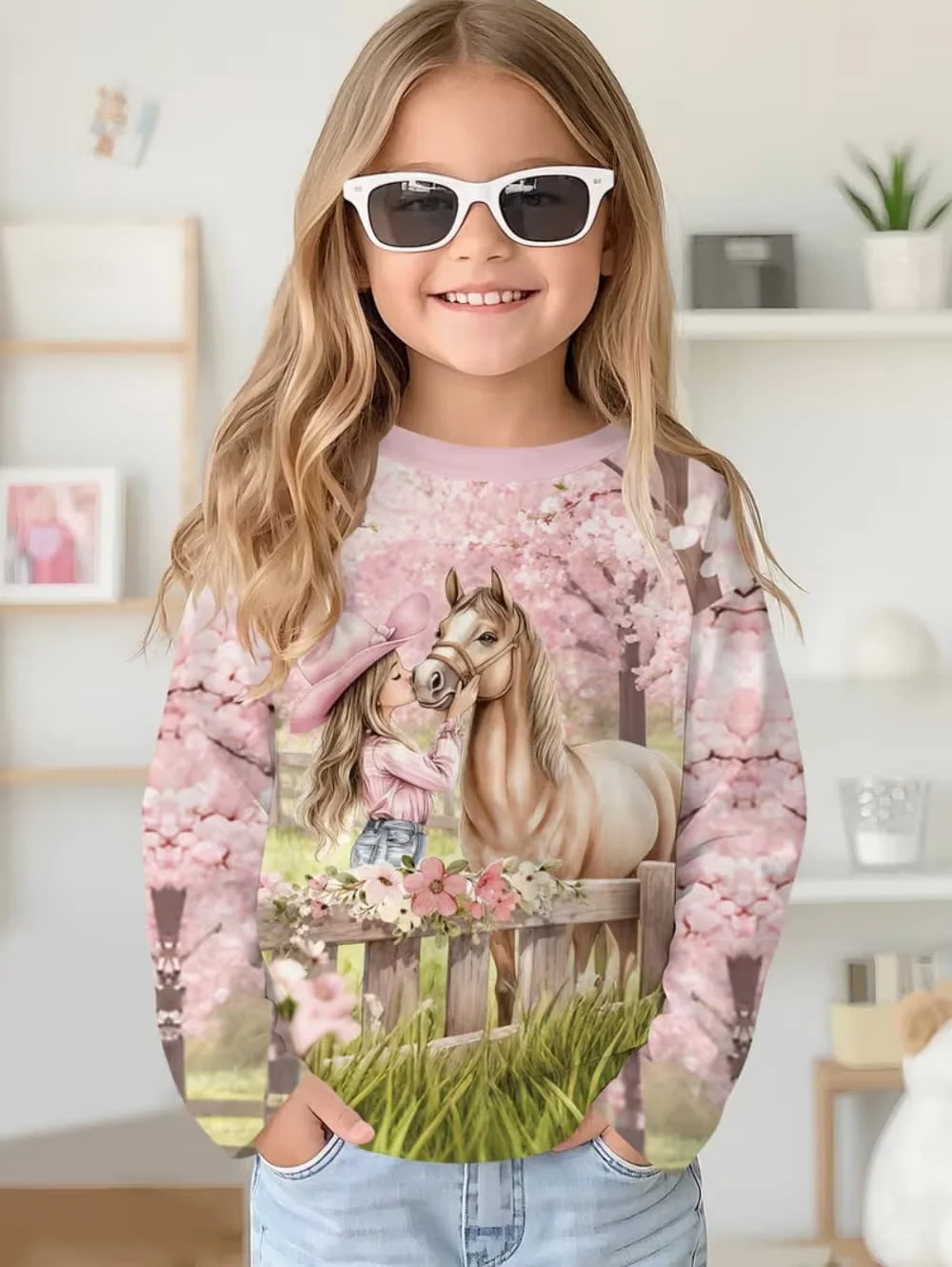2026 Girl Clothes Fashion Horse Print Long Sleeve Kids T-Shirt Loose Casual Autumn Tops Outdoor Comfortable Children's Clothing