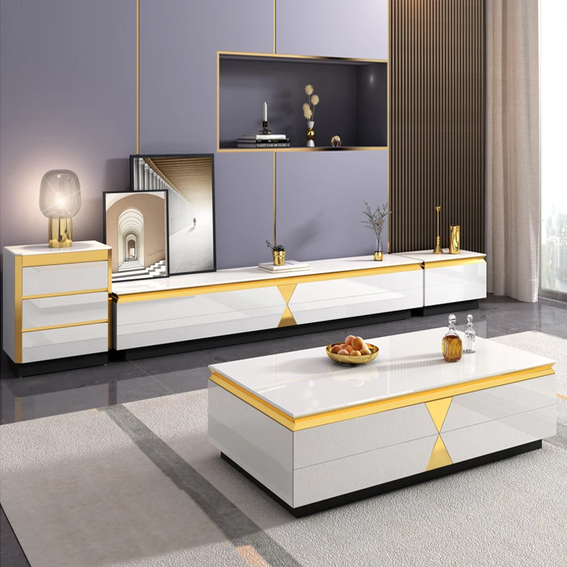 Foshan factory living room furniture set metal center coffee table with drawers modern luxury glass coffee table and TV stand