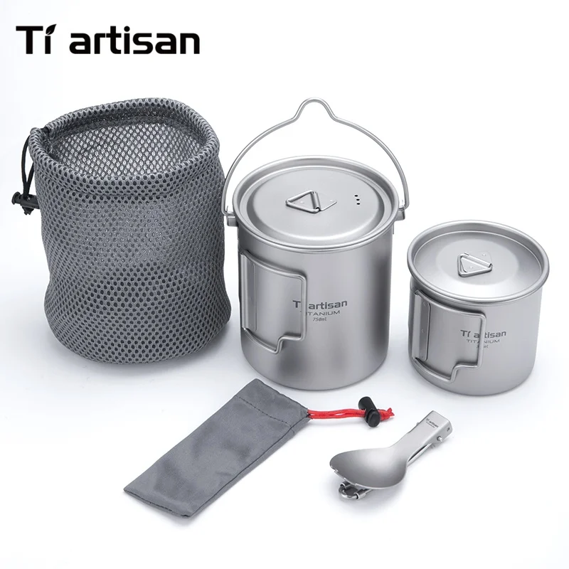 

Tiartisan Pure Titanium Ultralight Cookware Set 3pcs/ 5pcs Hanging Pot Mug With Foldable Spoon Spork Set Outdoor Camping Gear