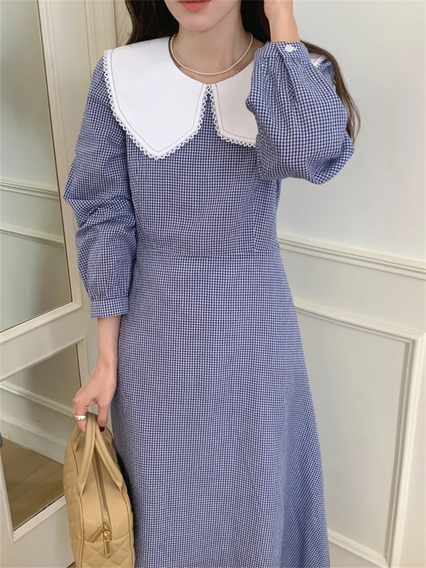Arazooyi Autumn Maxi Dress Women Peter Pan Collar Chic Daily 2023 Autumn Mujer Camping Sweet Plaid Slim Elegant Office Lady