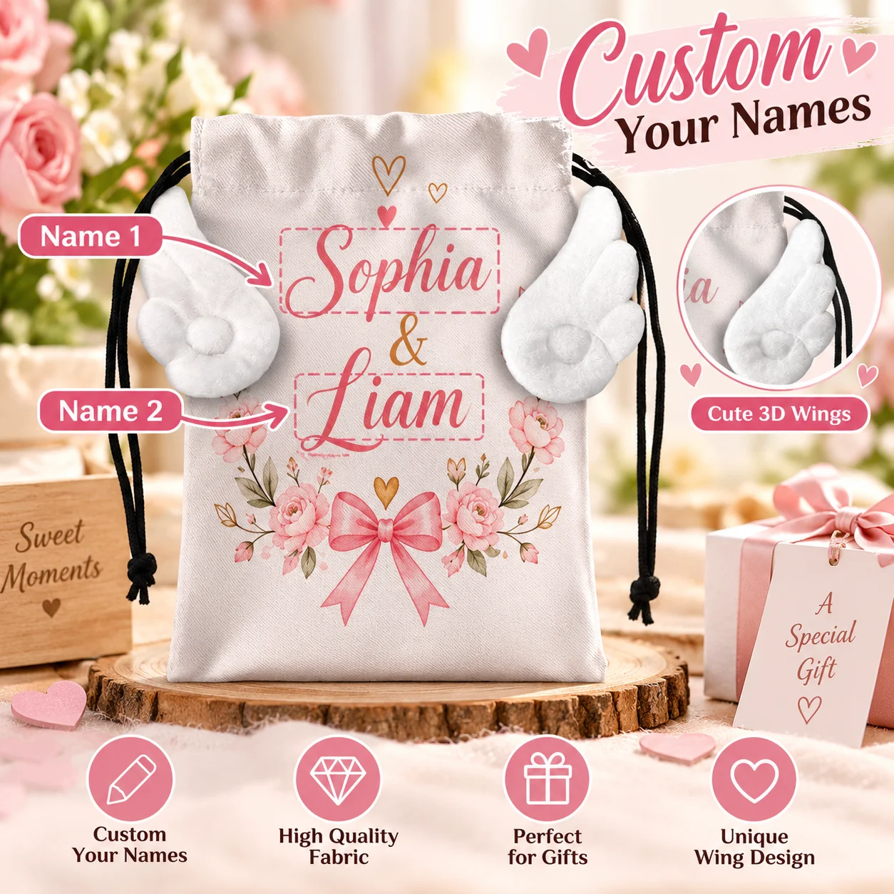 Personalized Couple Two Names Party Favor Pouch, Custom Wing Drawstring Bag 18*13cm Candy Storage Sack for Wedding Gift