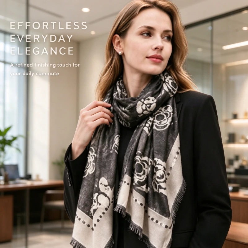 Women Camellia Flower Print Scarf Double Sided Imitation Cashmere Fringe Edge Large Soft Warm Shawl Wrap For Autumn Winter