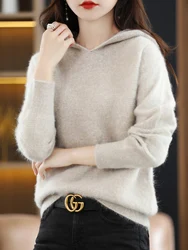 Autumn Winter New 100% Mink Cashmere Hoodie Ladies Hooded Collar Knit Pullover Leisure Loose Thick Sweater Warm Large Size Tops