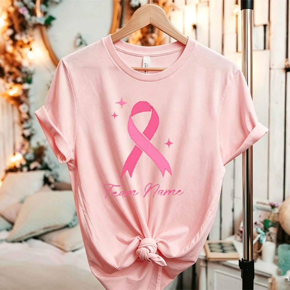 Custom Team Name Pink Ribbon T Shirt Breast Cancer Awareness Personalized Warrior Support Casual Cotton Graphic Customized Tops