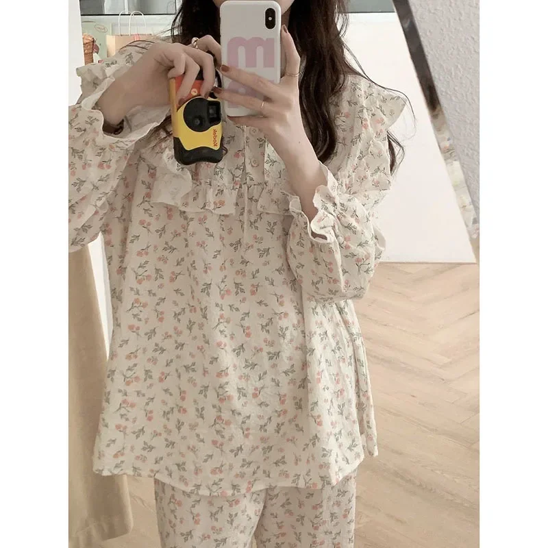 Floral Print Sleepwear Women Pajama Suit Fashion Ruffles Spring Long Sleeve Sets for Women 2 Pieces Korean Piiama Pants 2024 New