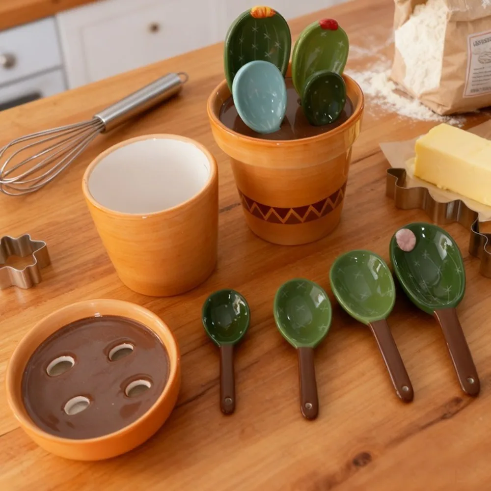 Flower Pot Ceramic Measuring Spoons Set with Base Space Saving Kitchen Measuring Spoons Cactus Shape Baking Spoons Kitchen Tool